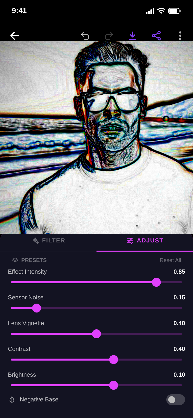 Adjust tab with sliders for effect intensity, sensor noise, lens vignette, contrast and brightness