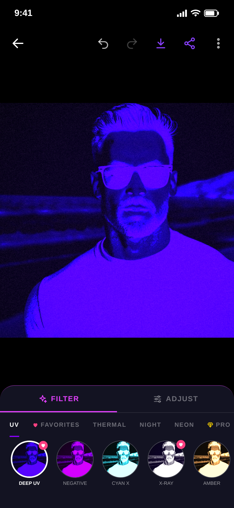 Editor with the Deep UV filter on a portrait and the filter rows UV, favourites, thermal, night and neon