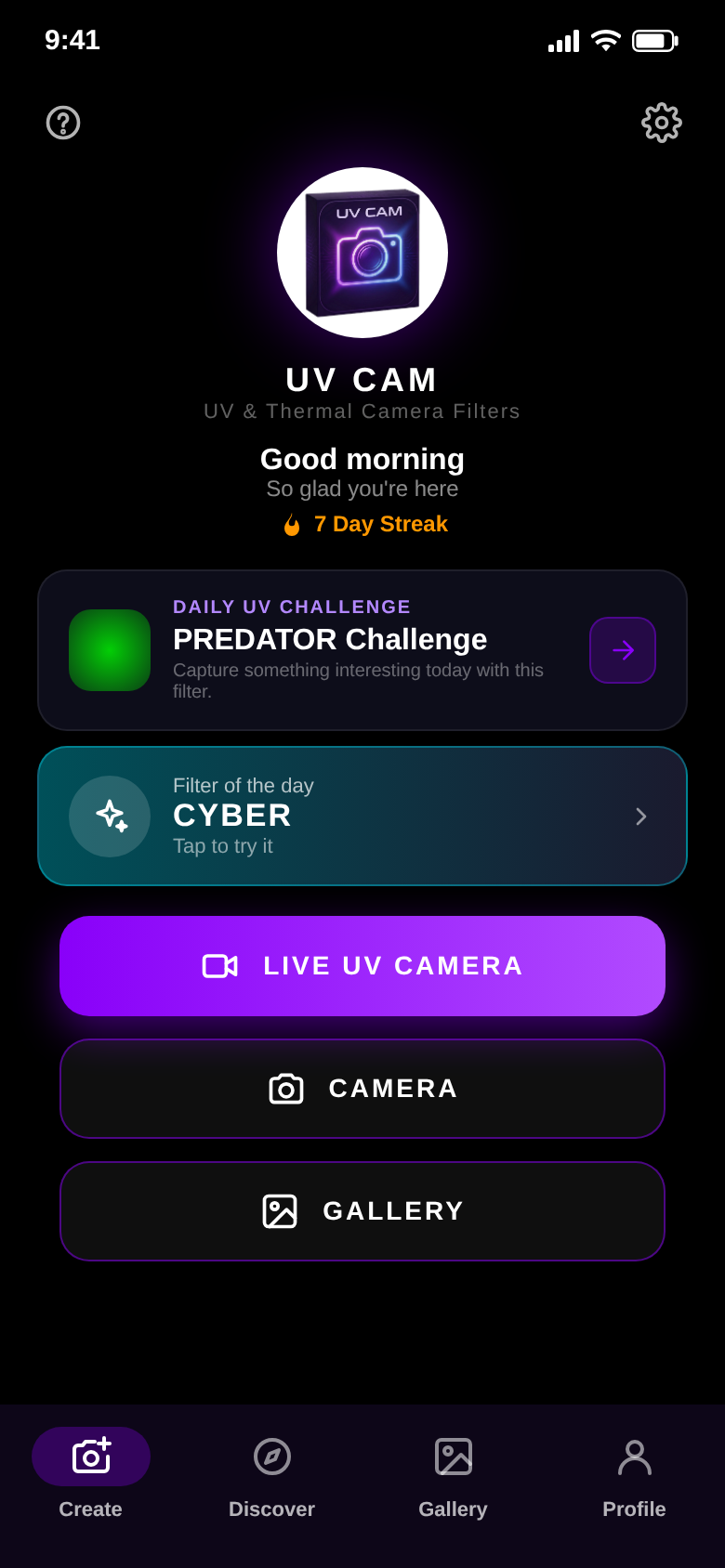 Start screen with live UV camera, daily UV challenge and filter of the day