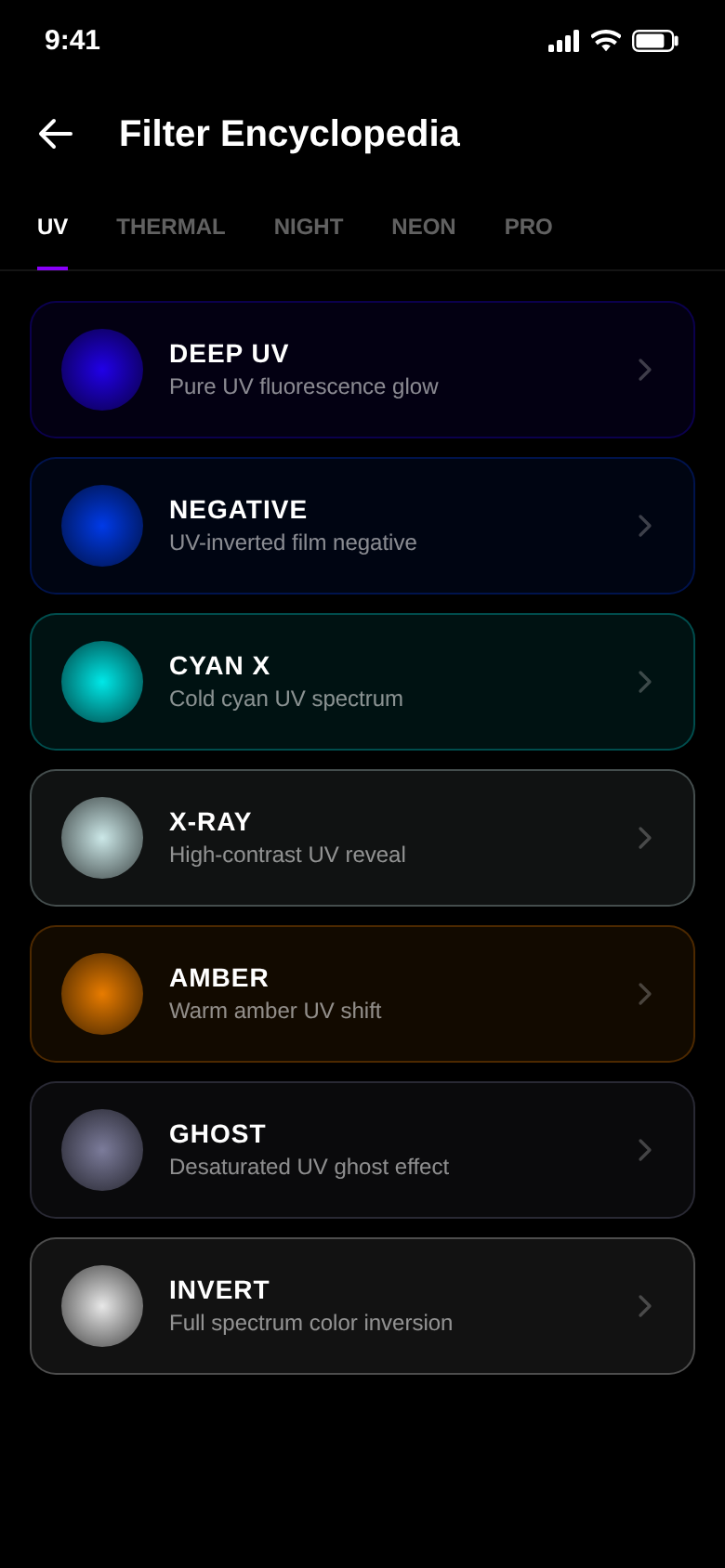Filter guide listing Deep UV, Negative, Cyan X, X-Ray, Amber, Ghost and Invert with a short description each