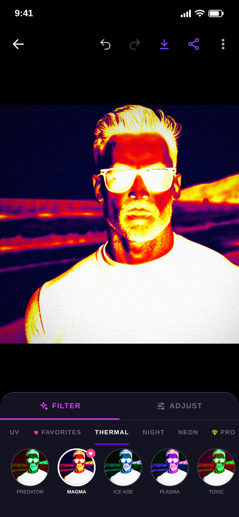 Thermal filter Magma on the same portrait with the filter row Thermal Hunter, Magma, Ice Age, Plasma and Toxic
